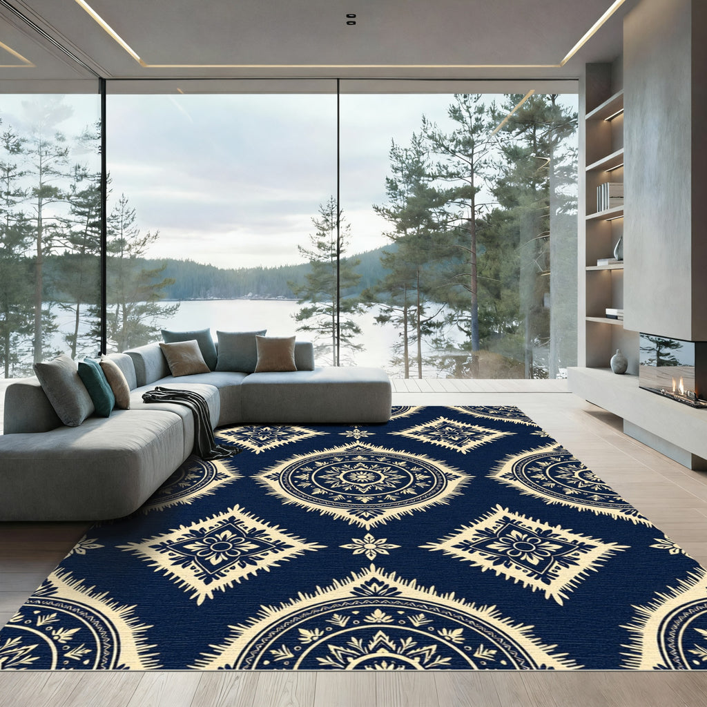 Navy Cream Ikat Radial Medallion Rug