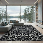 Elegant Silver Monochrome Ornate Damask Rug