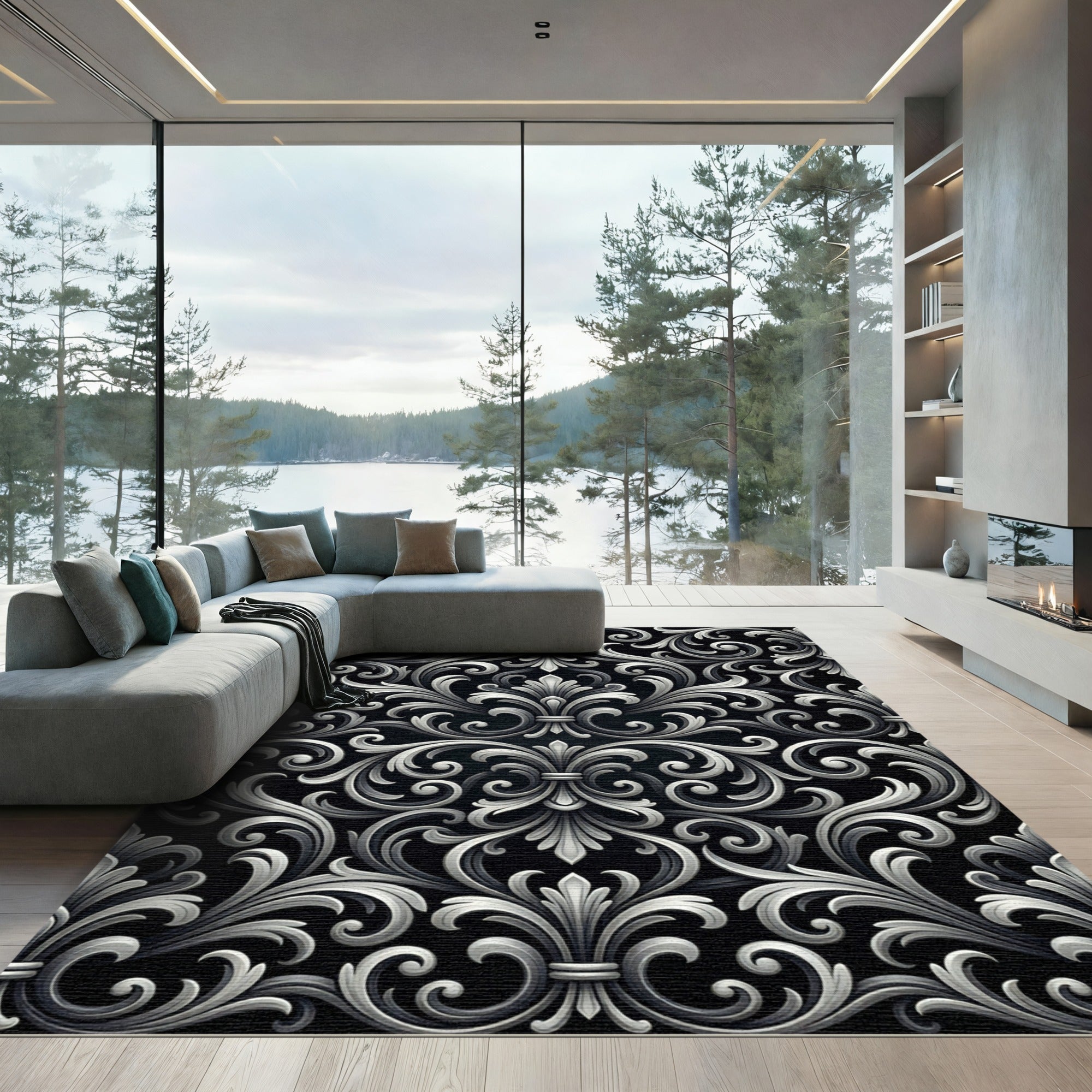 Elegant Silver Monochrome Ornate Damask Rug