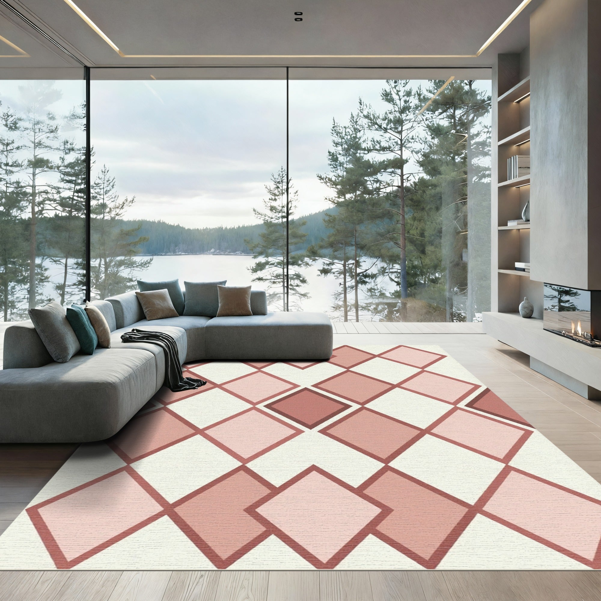 Modern Dusty Rose Geometric Diamond Rug