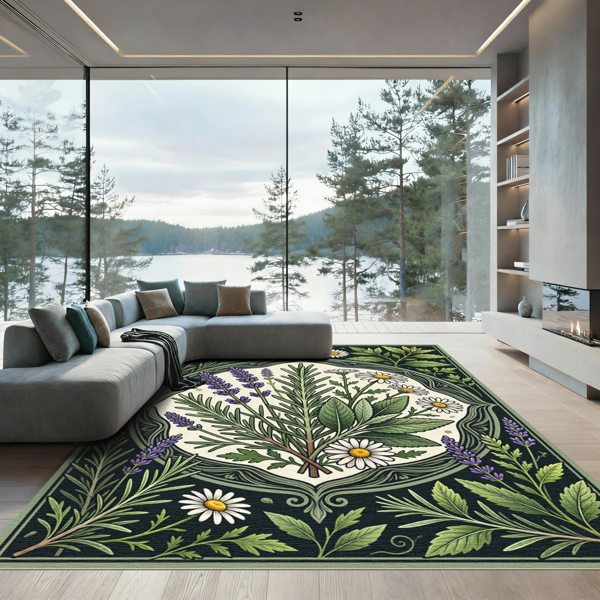 Botanical Lavender Chamomile Herb Illustration Rug