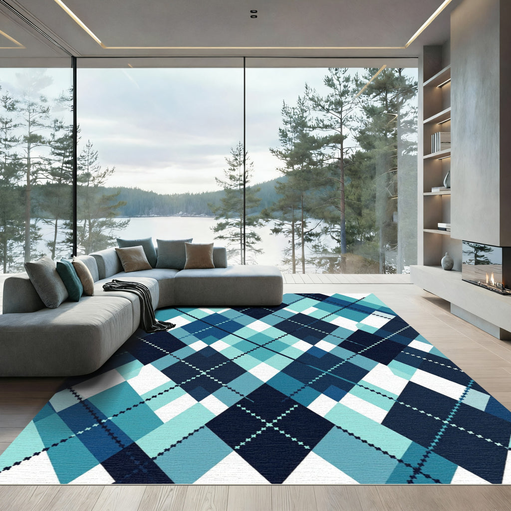 Modern Teal Navy Geometric Argyle Rug