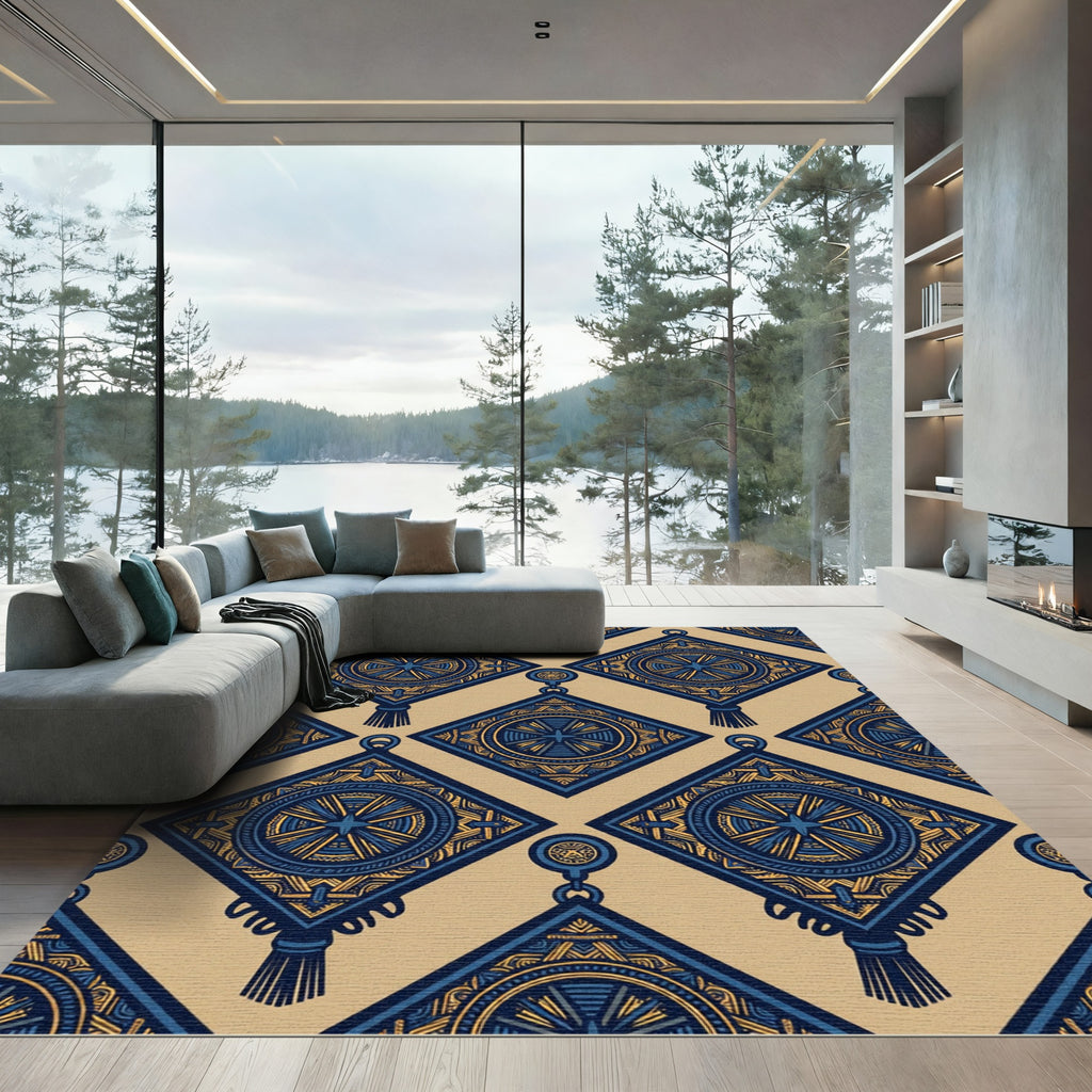 Geometric Navy and Gold Diamond Ornament Rug