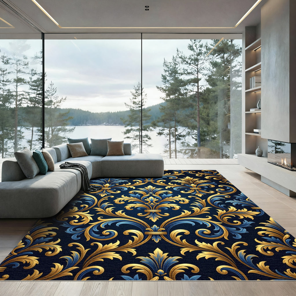 Elegant Royal Blue and Golden Filigree Rug