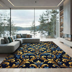 Elegant Royal Blue and Golden Filigree Rug