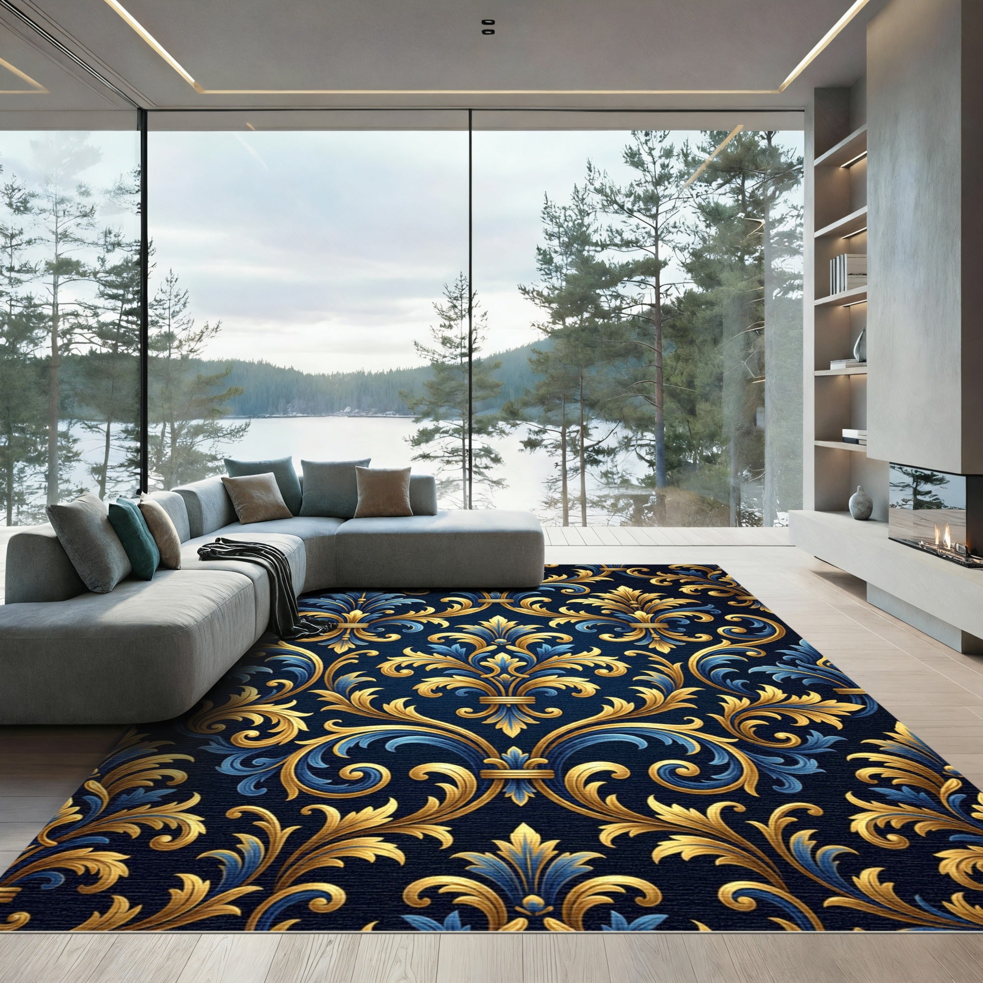 Elegant Royal Blue and Golden Filigree Rug