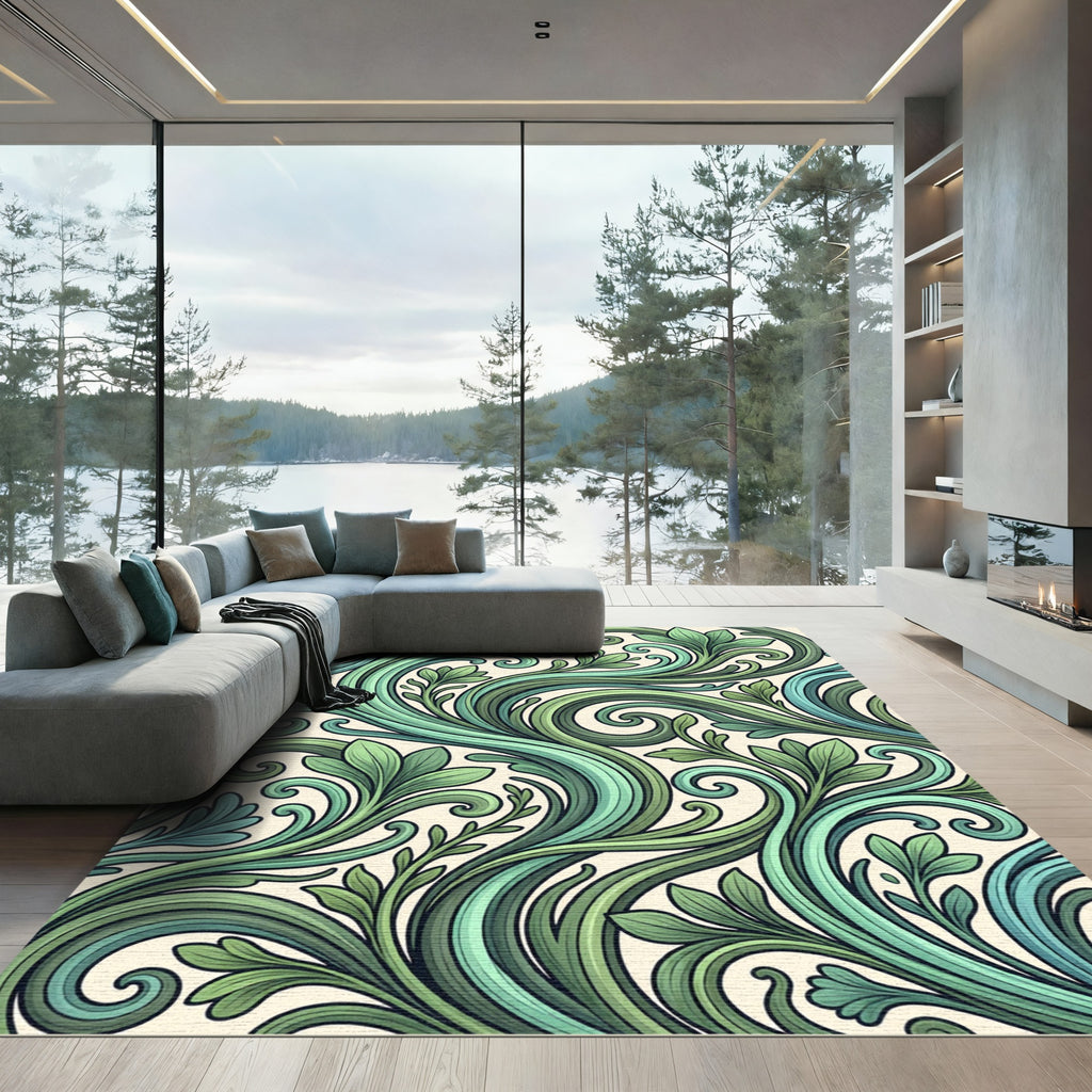 Verdant Green Leafy Swirls Rug