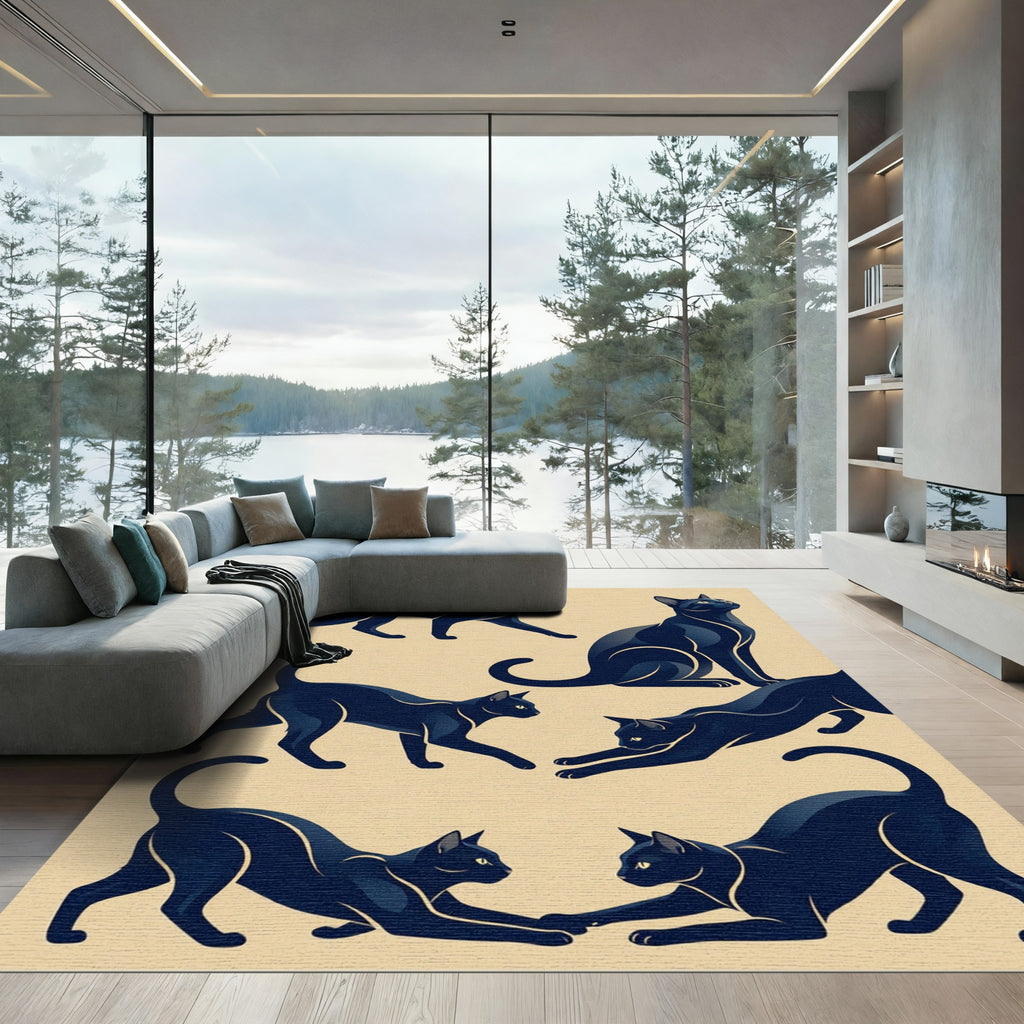 Minimalist Navy Black Cat Silhouette Rug