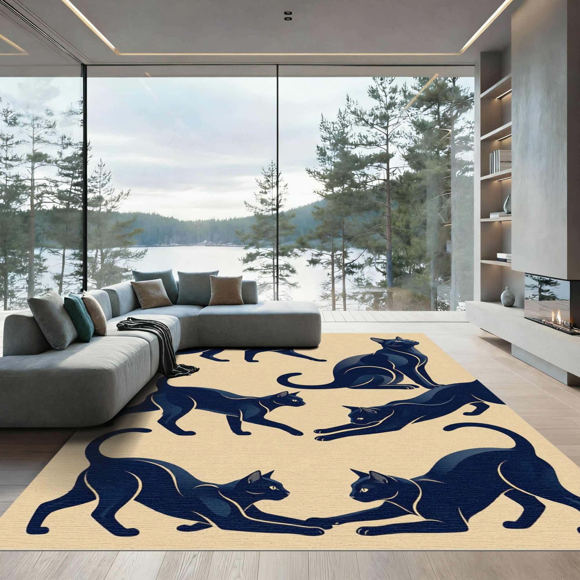 Minimalist Navy Black Cat Silhouette Rug