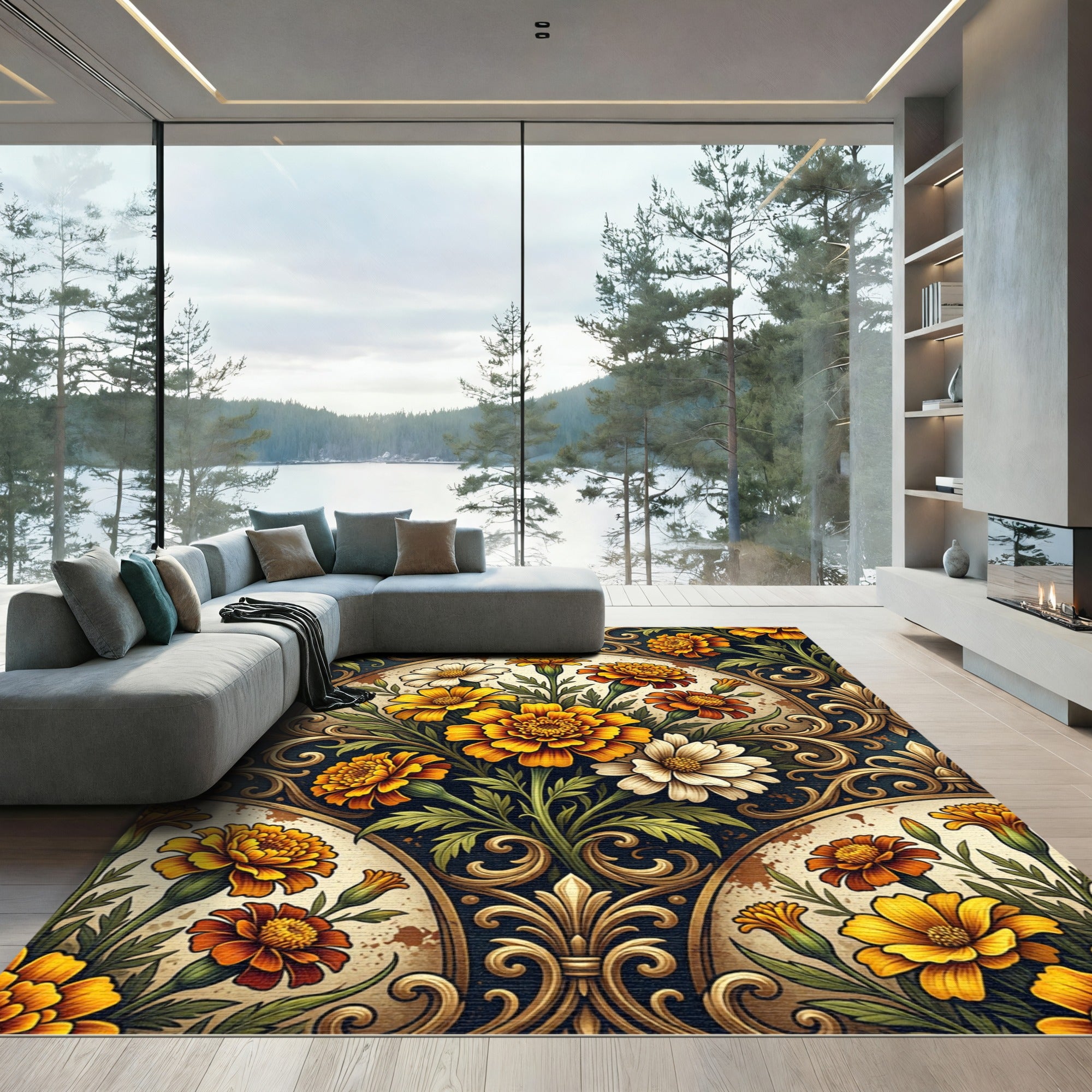 Golden Marigold Floral Scroll Damask Rug