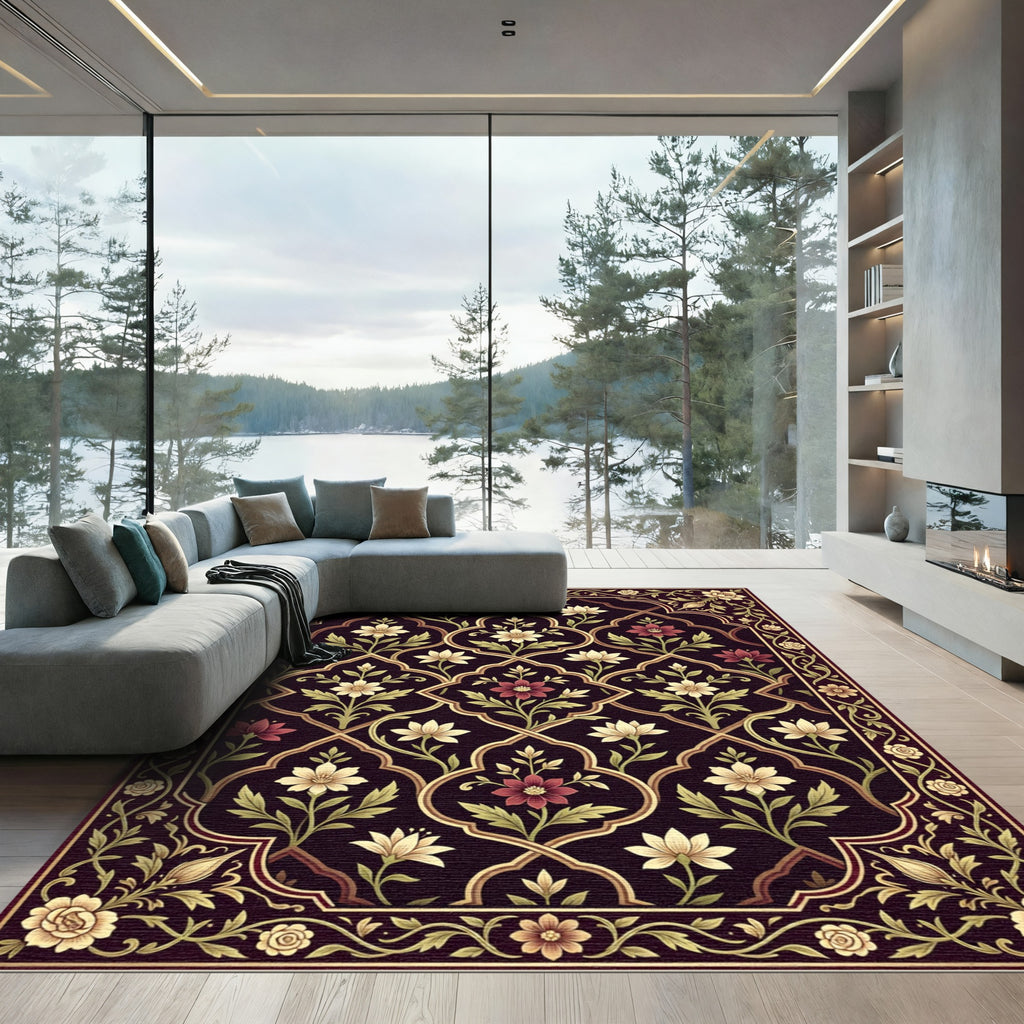 Deep Burgundy Floral Lattice Work Rug