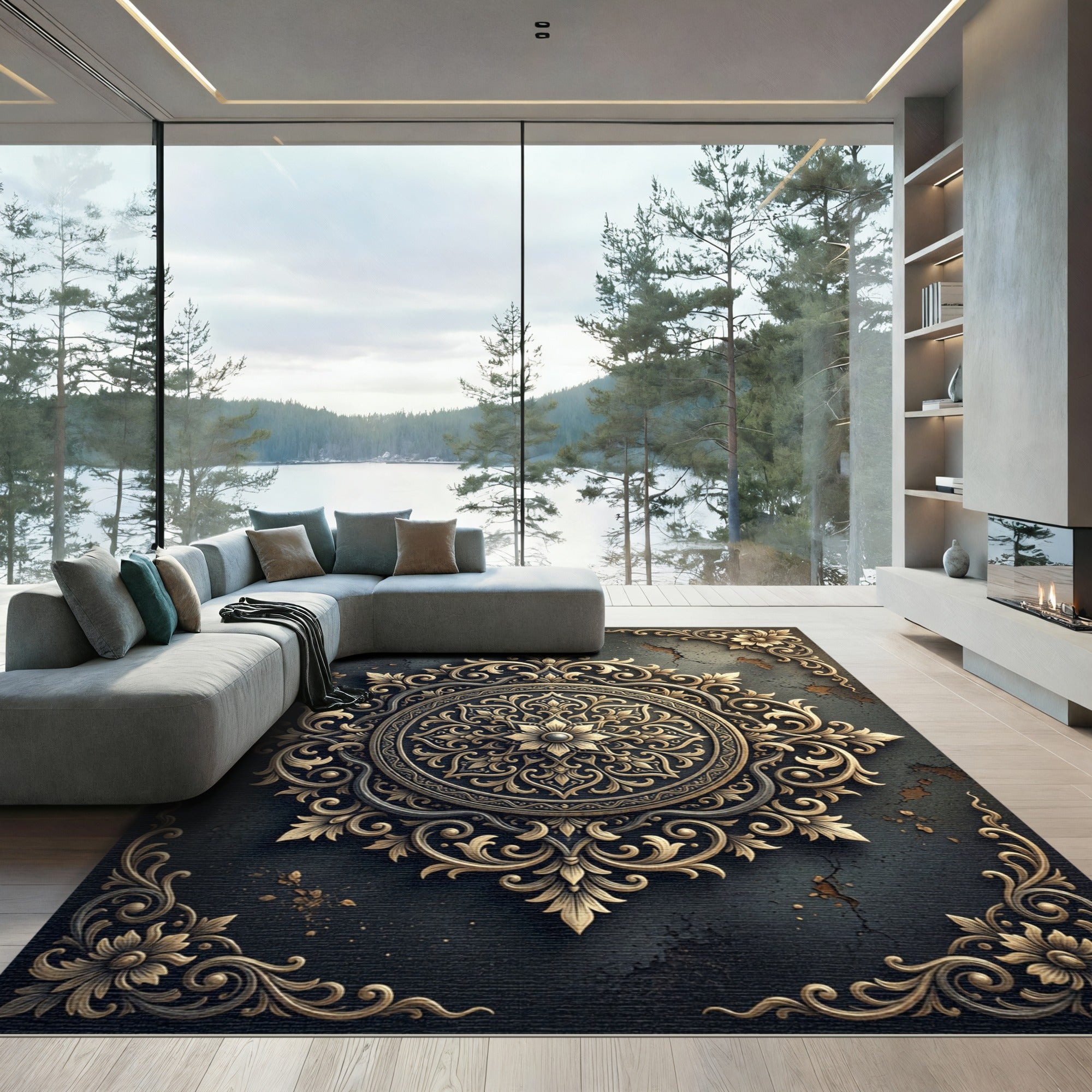 Elegant Gold Floral Ornate Medallion Rug
