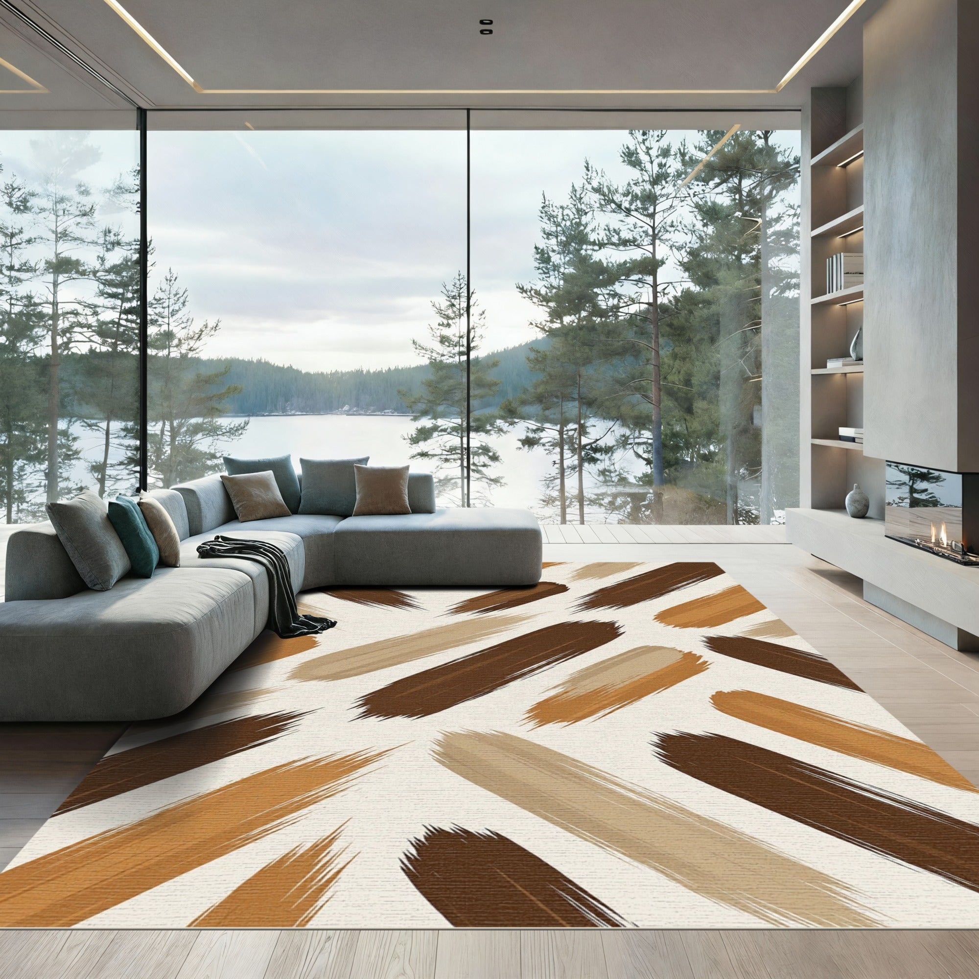 Earthy Abstract Coffee Brush Stroke Rug