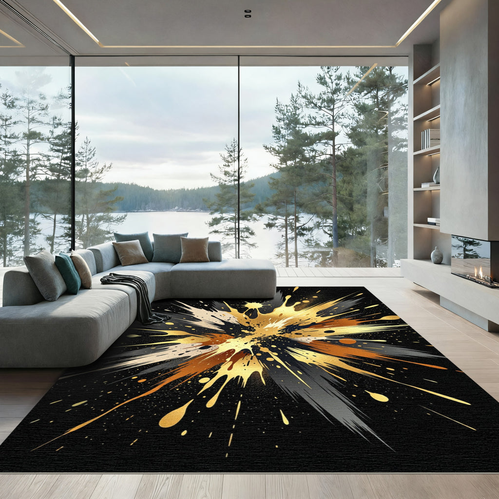 Metallic Gold and Black Abstract Explosion Rug