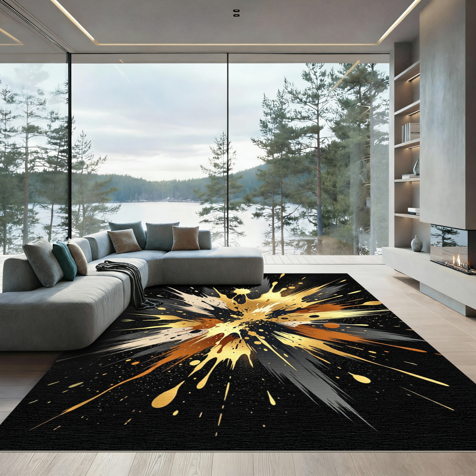 Metallic Gold and Black Abstract Explosion Rug
