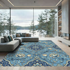 Intricate Blue Floral Damask Medallion Rug