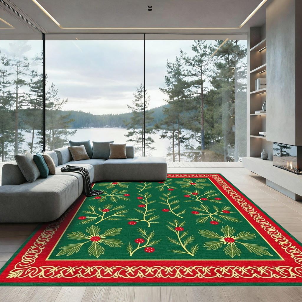 Emerald Holly Berry Botanical Border Rug