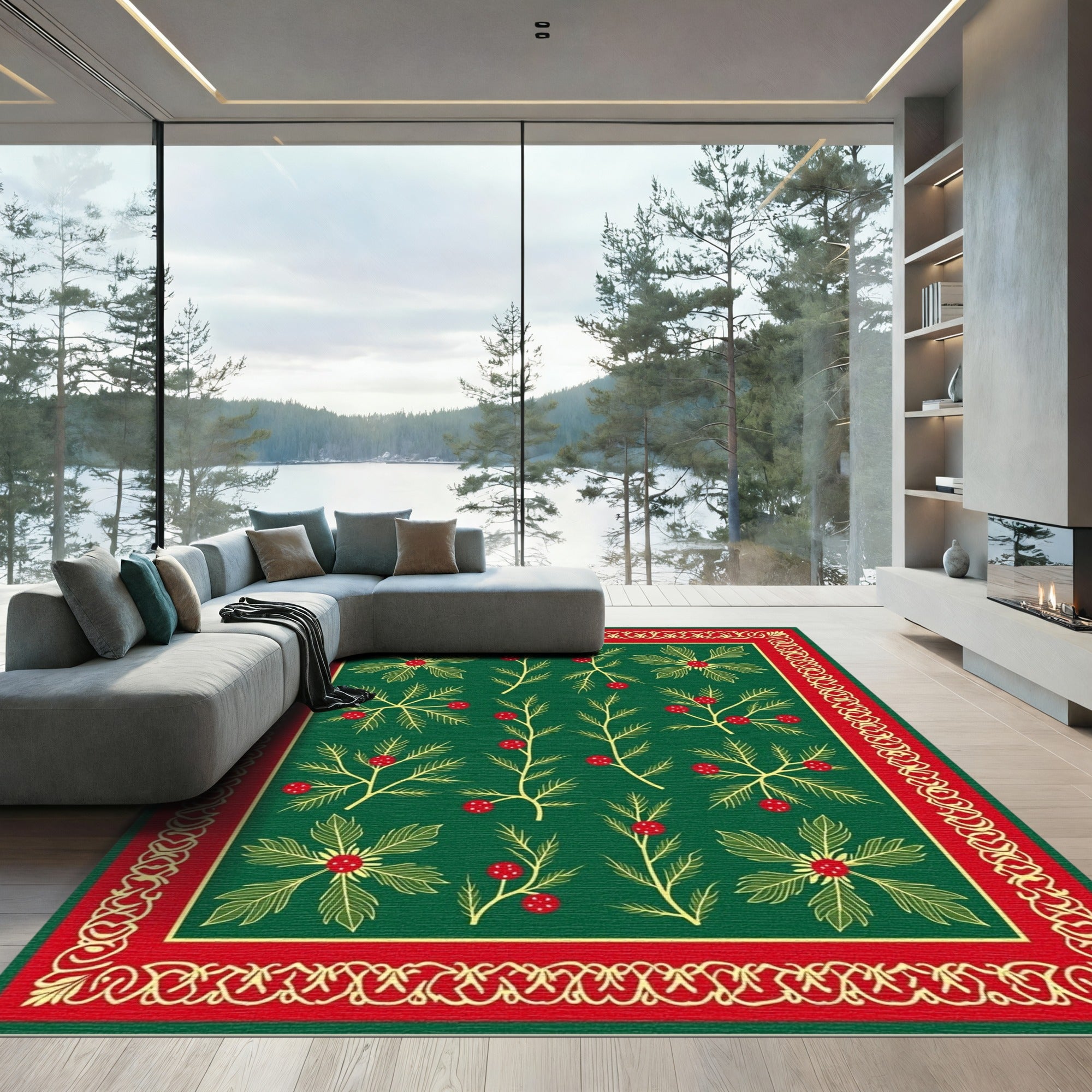 Emerald Holly Berry Botanical Border Rug