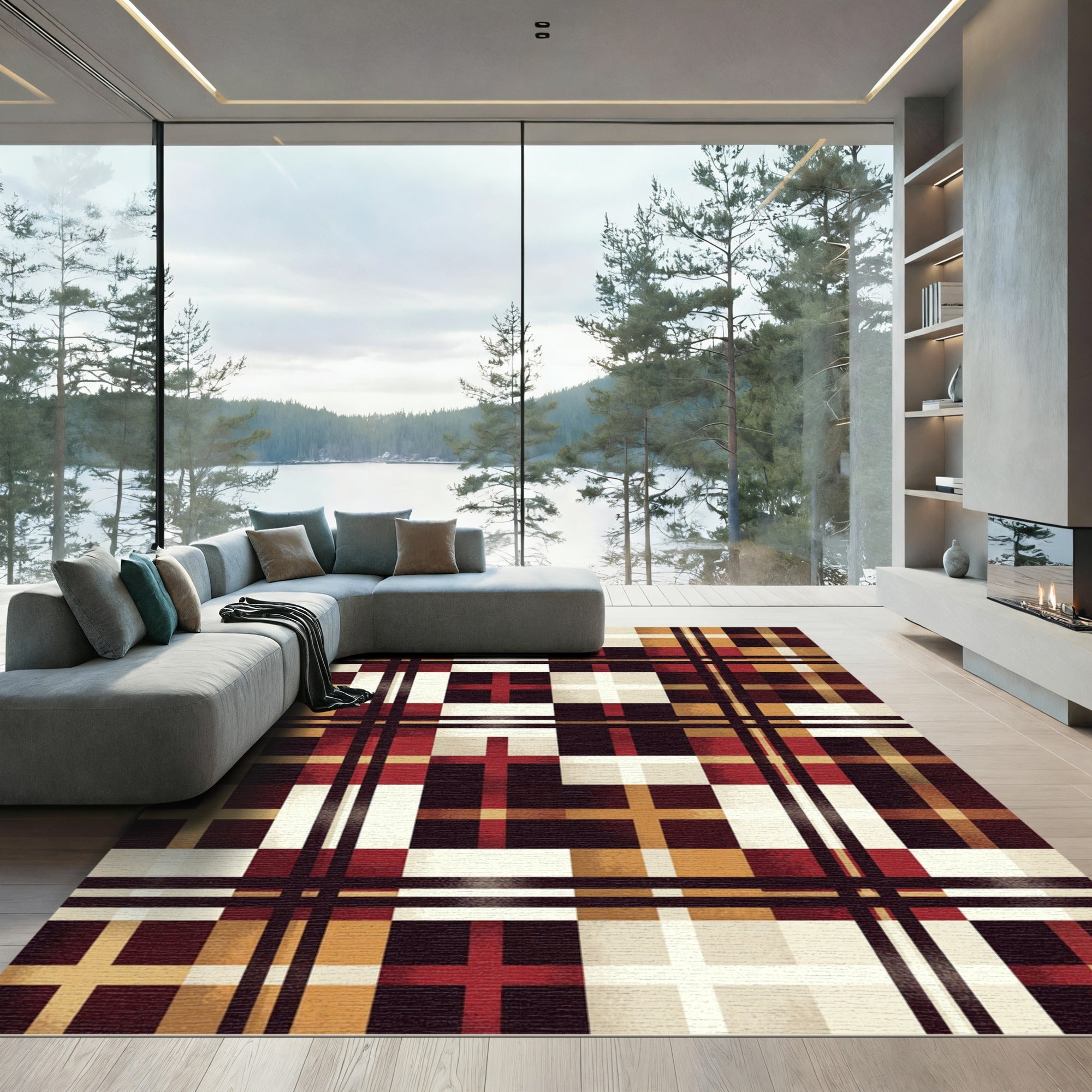 Grand Plaid Cream Gold Maroon Rug