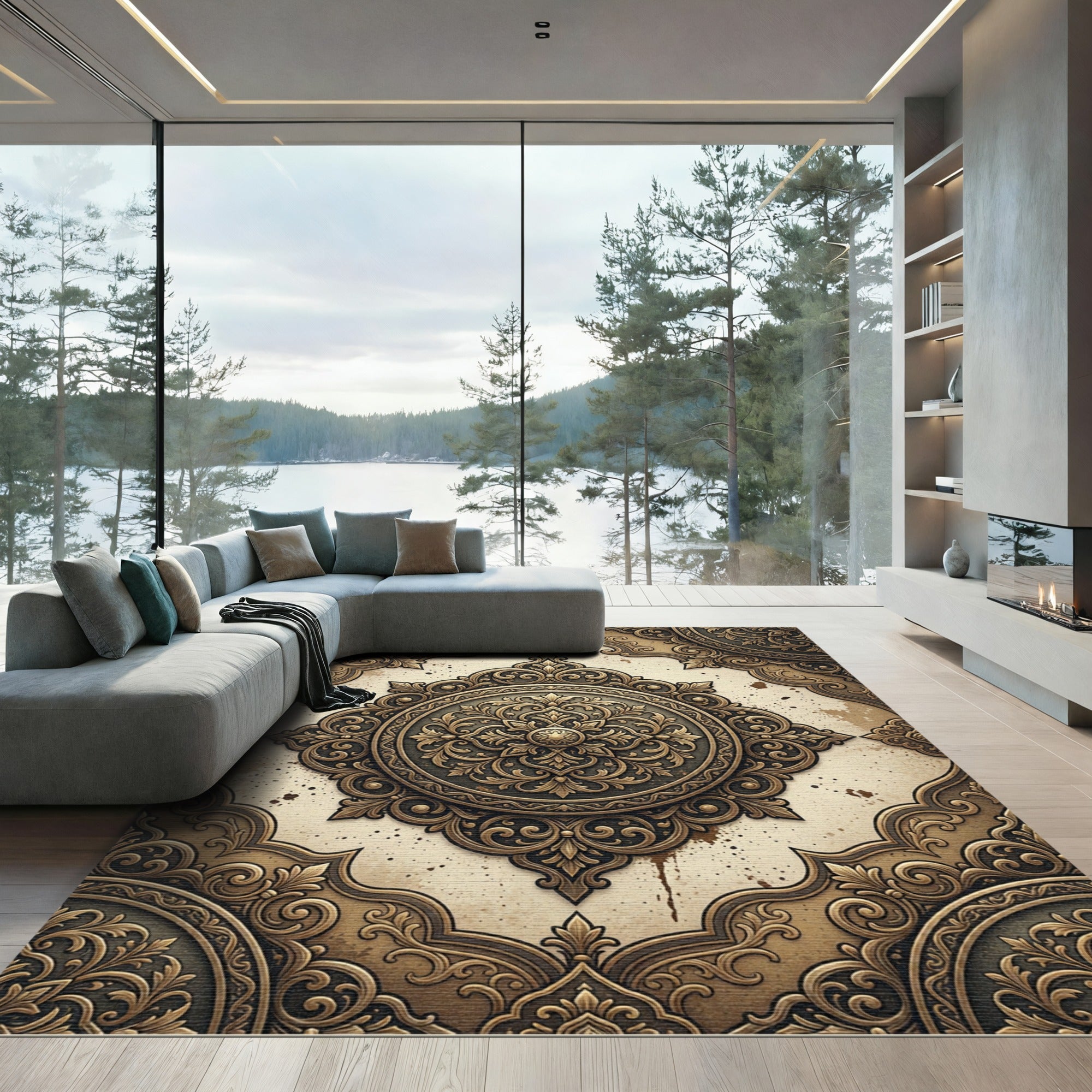 Ornate Golden Bronze Damask Medallion Rug