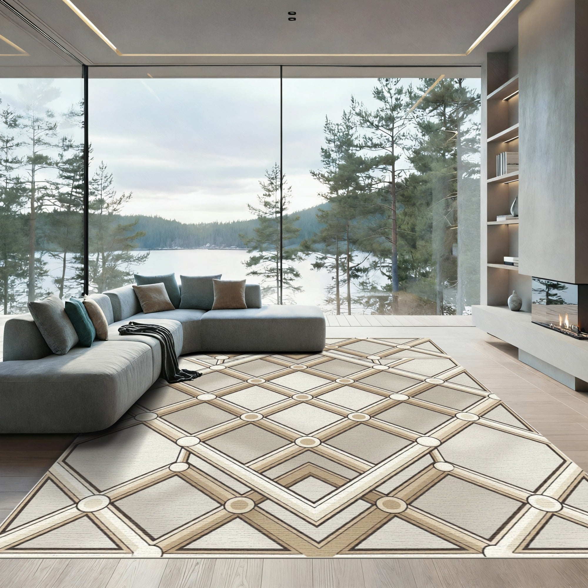 Elegant Beige Geometric Lattice Rug