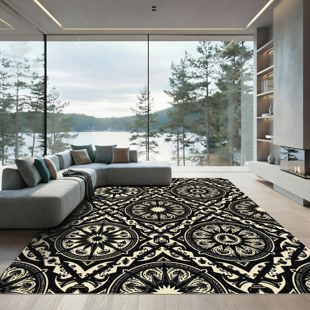 Black and Cream Geometric Medallion Lattice Rug
