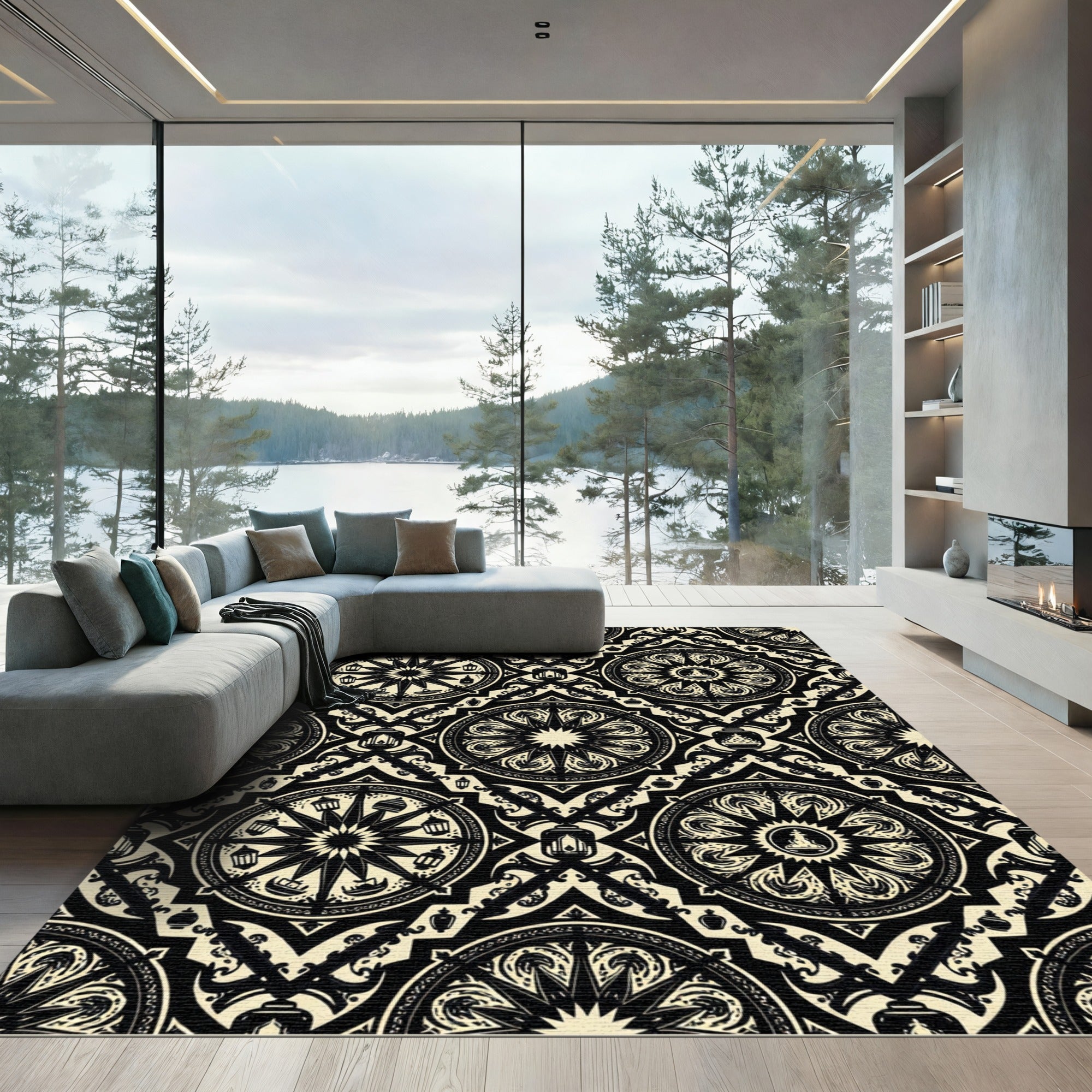 Black and Cream Geometric Medallion Lattice Rug
