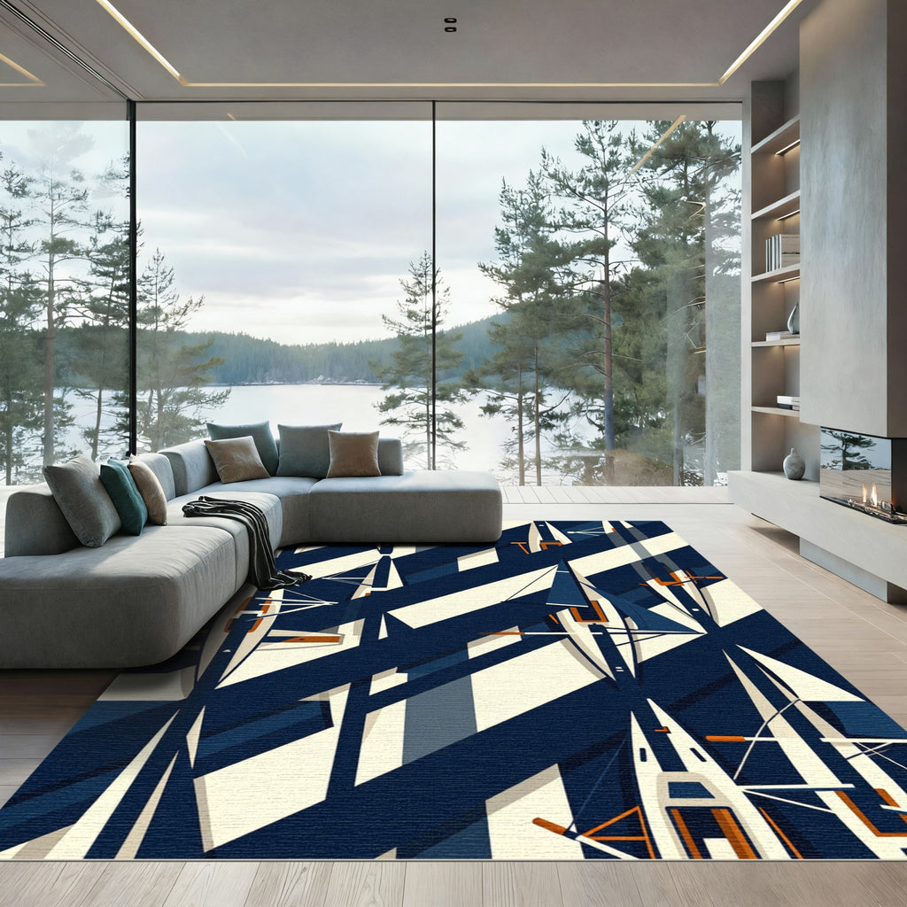 Modern Navy White Yacht Regatta Composition Rug