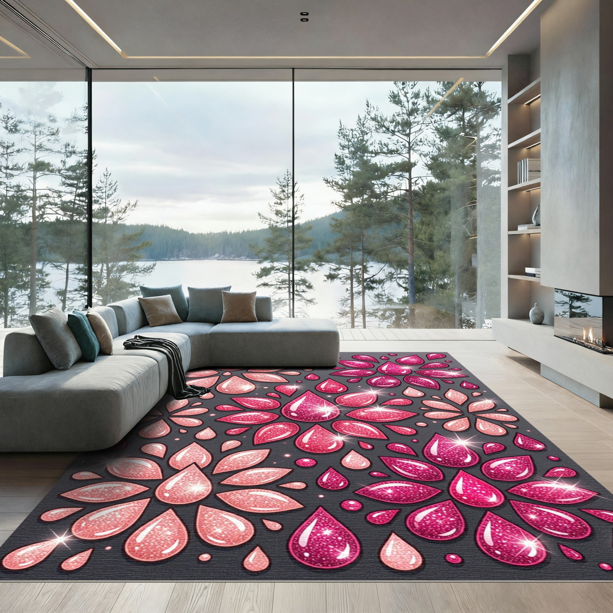 Sparkling Pink Petal Drop Arrangement Rug