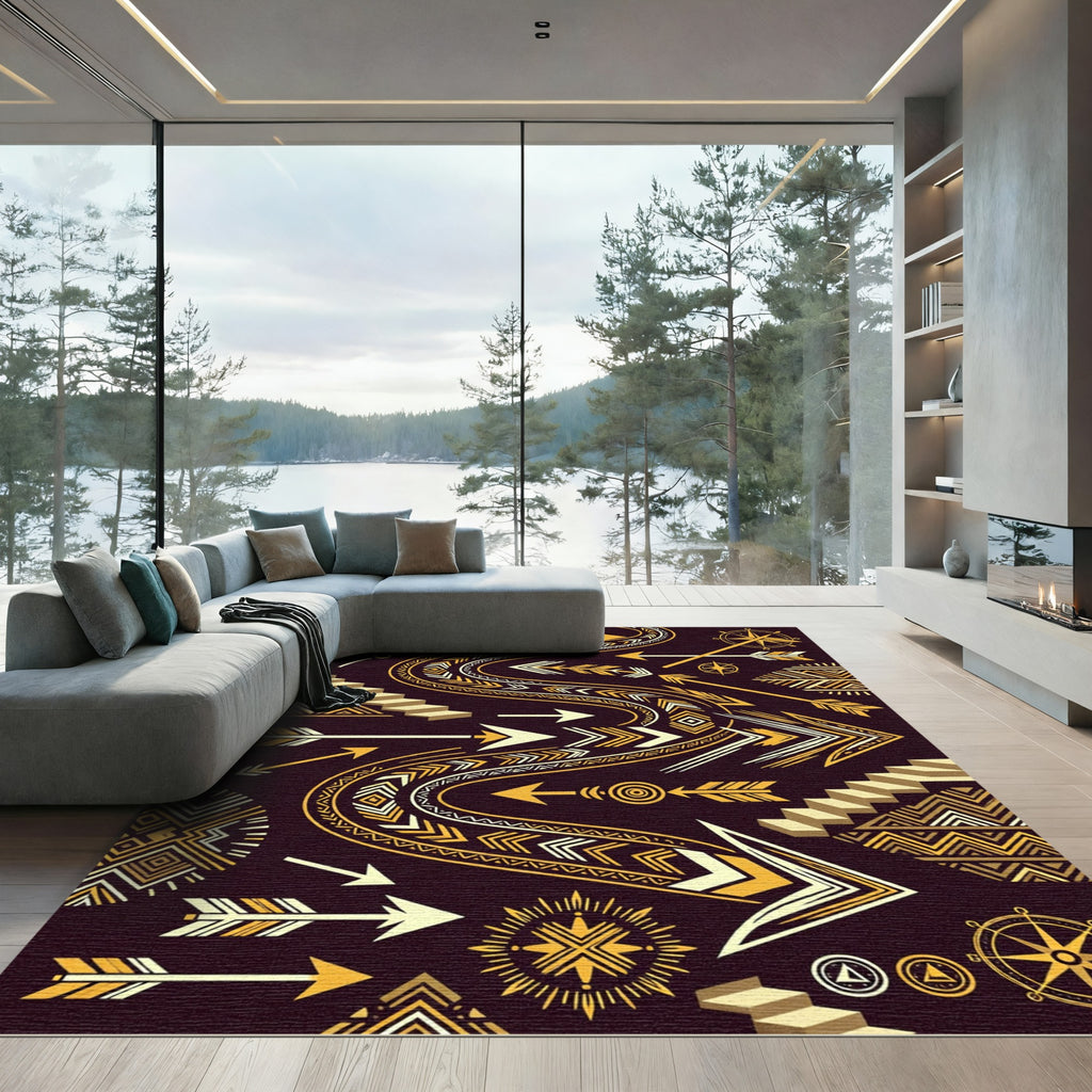 Golden Arrows and Geometric Staircase Art Rug