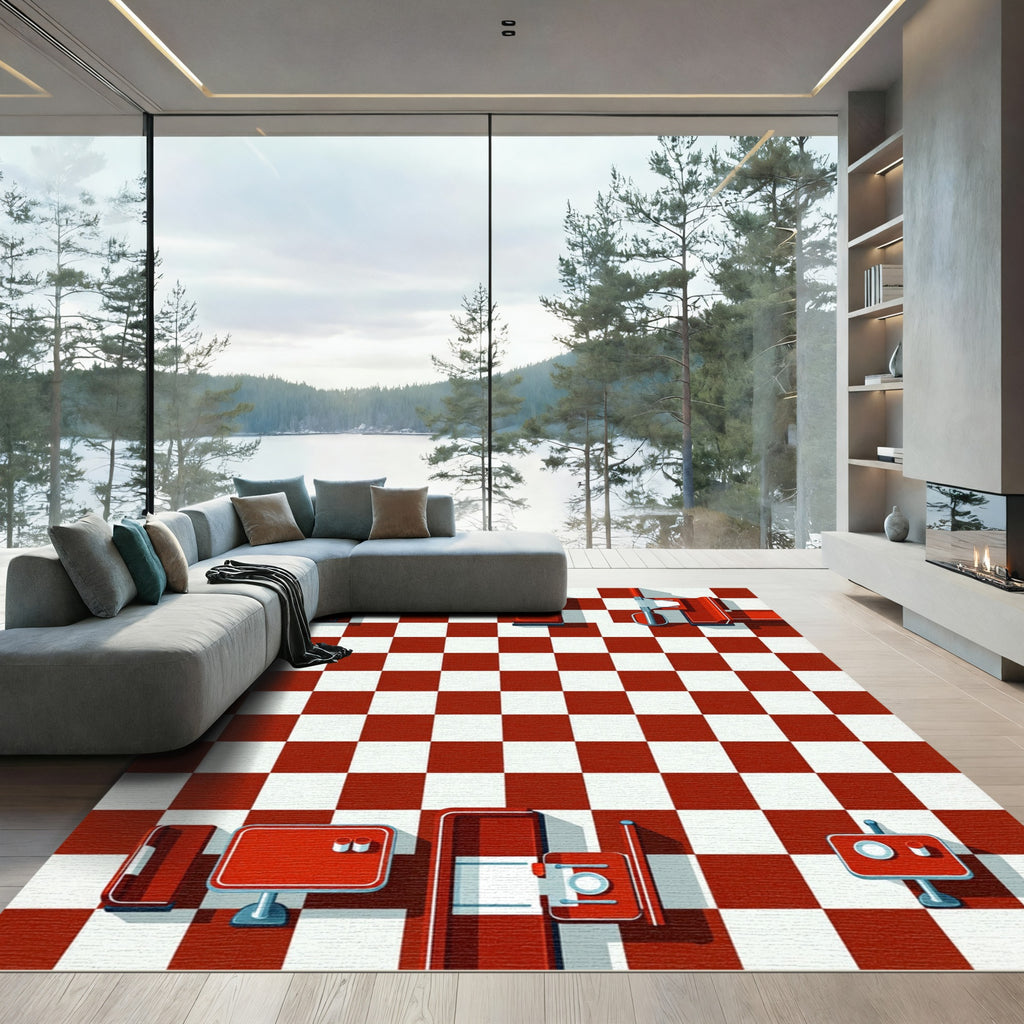 Retro Red Checkered Diner Floor Rug