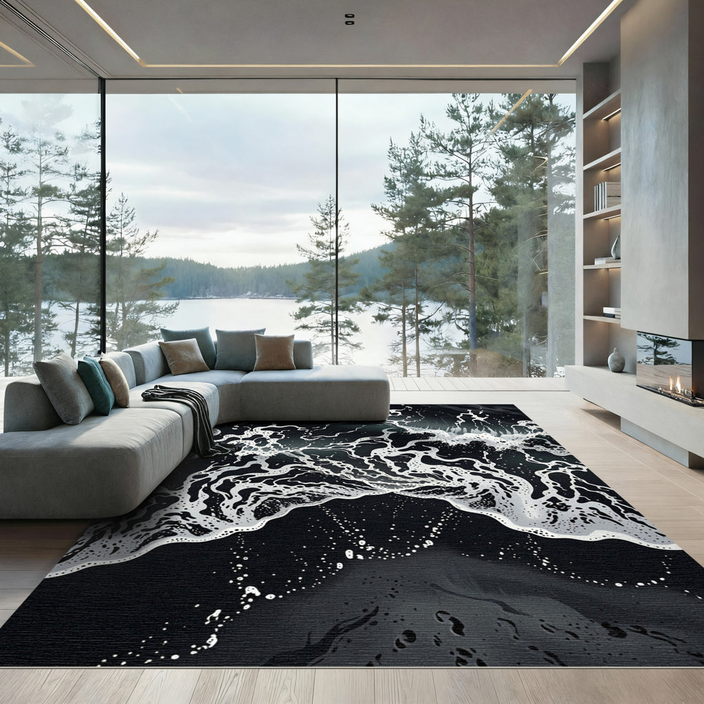 Dark Ocean Foam Abstract Wave Rug