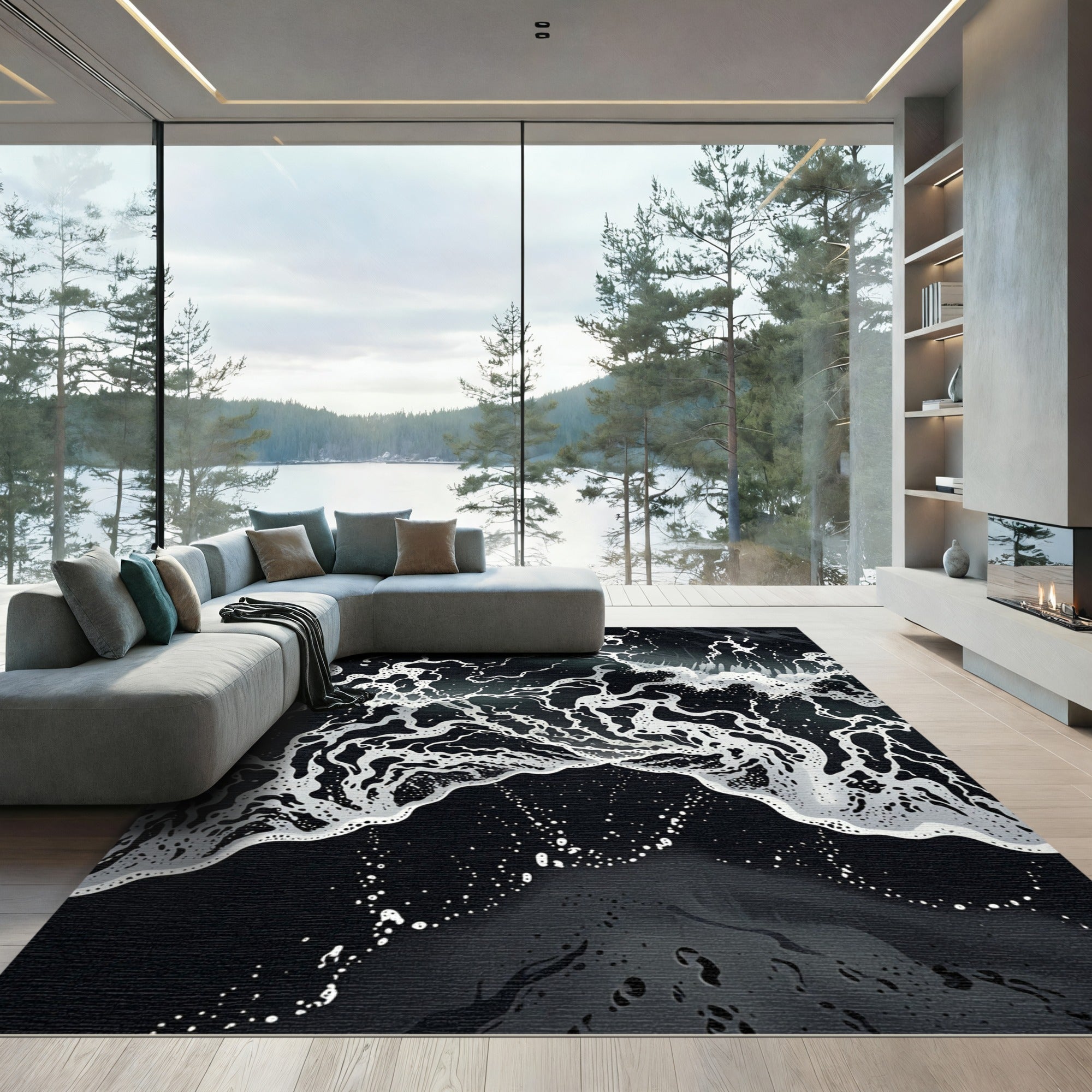 Dark Ocean Foam Abstract Wave Rug