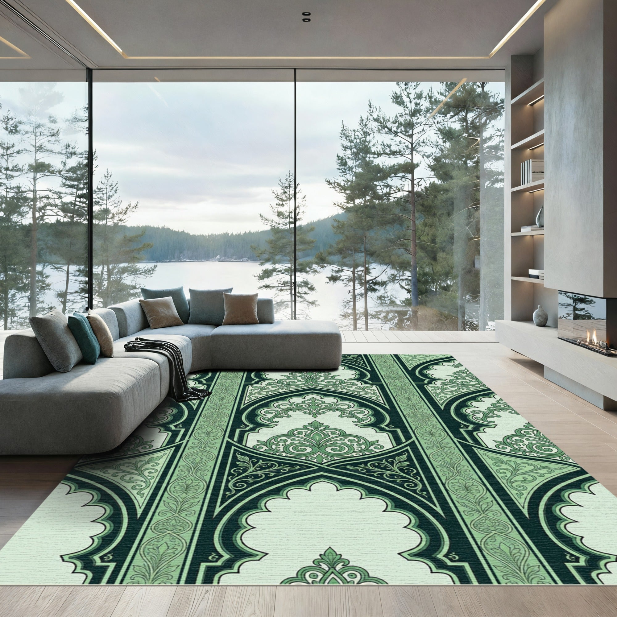 Mughal Arch Green Arabesque Floral Rug