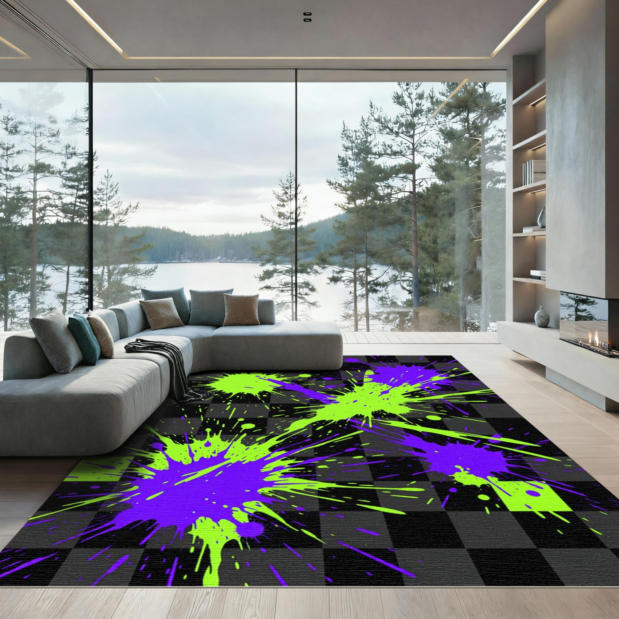 Neon Electric Purple Lime Splatter Rug