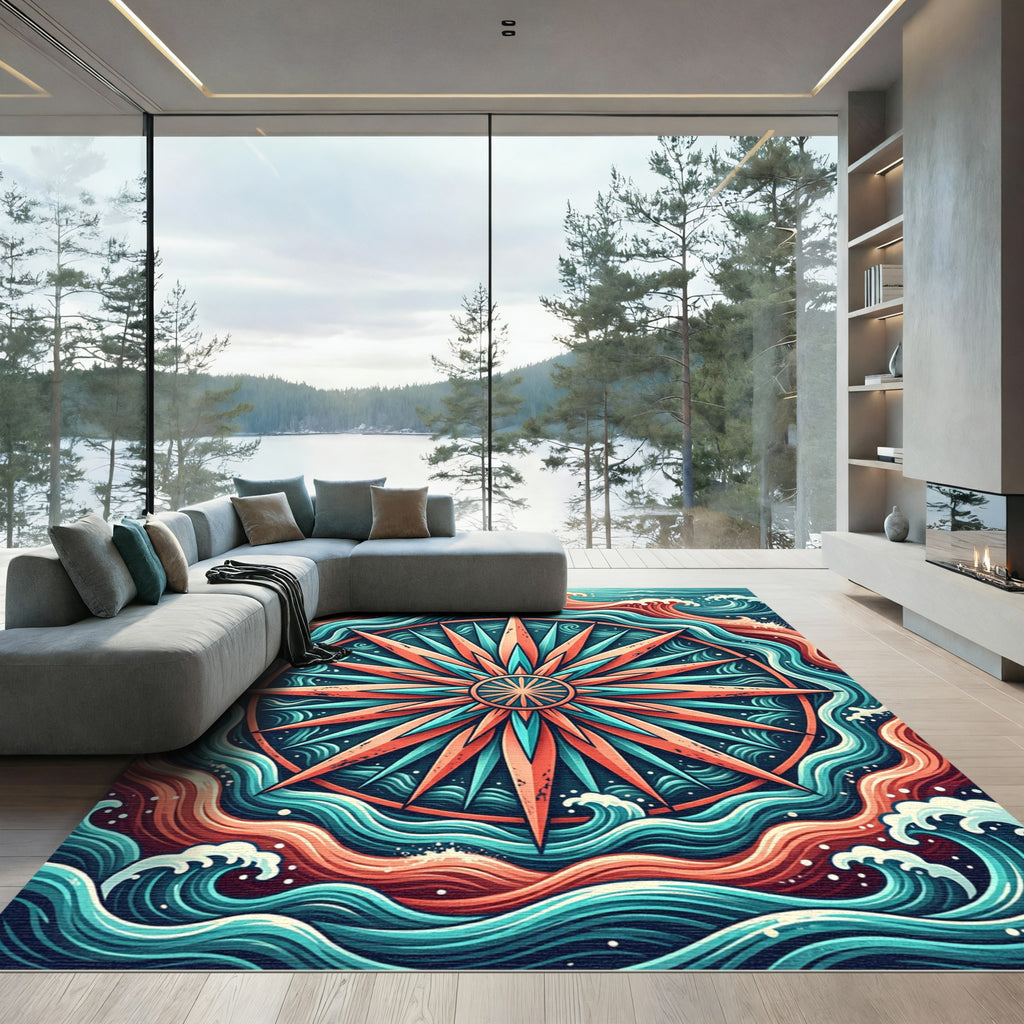 Vibrant Teal and Coral Nautical Compass Rug