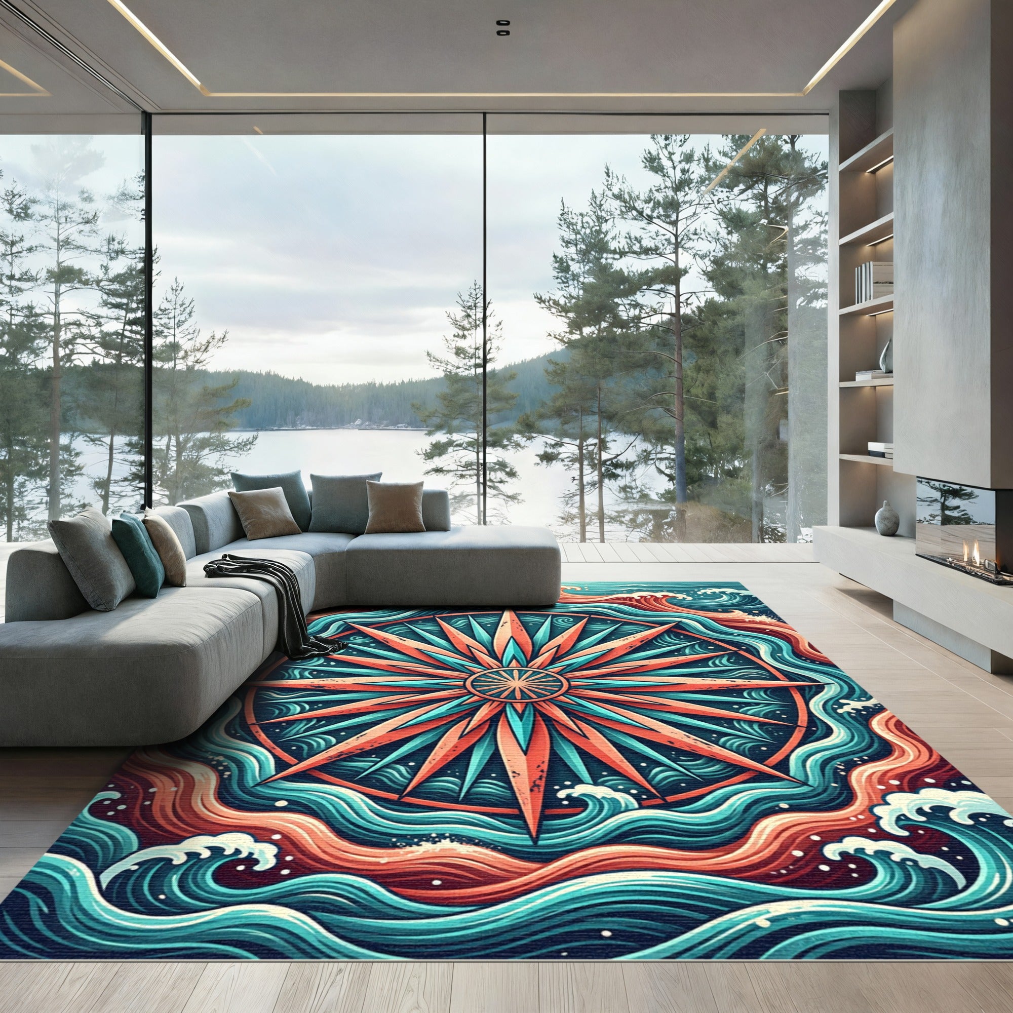 Vibrant Teal and Coral Nautical Compass Rug