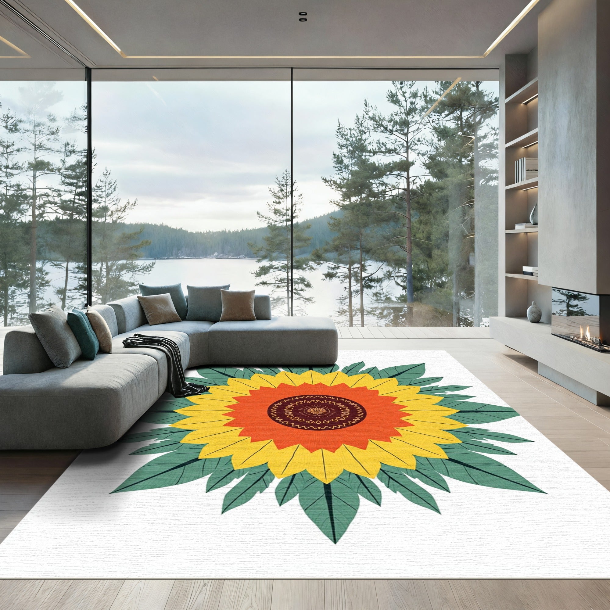 Vibrant Yellow Orange Sunflower Mandala Rug