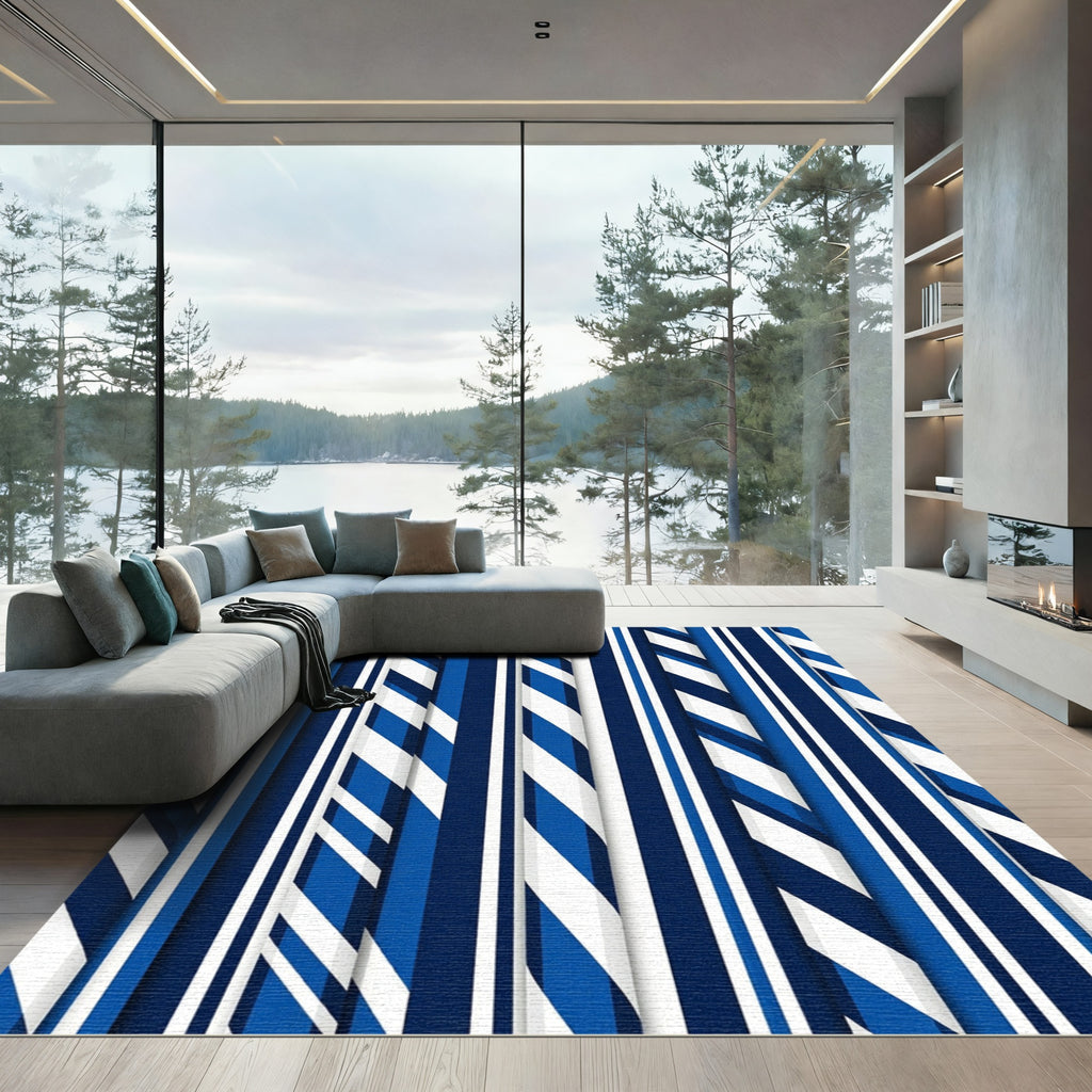 Navy Blue White Striped Geometric Rug