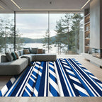 Navy Blue White Striped Geometric Rug