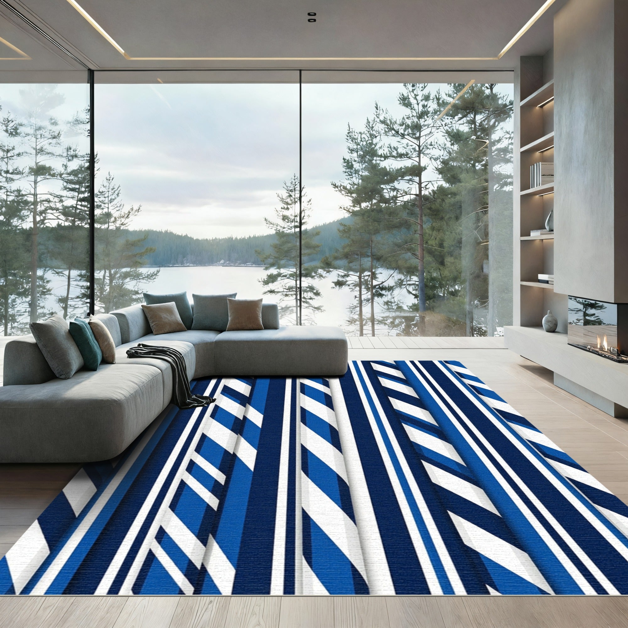 Navy Blue White Striped Geometric Rug