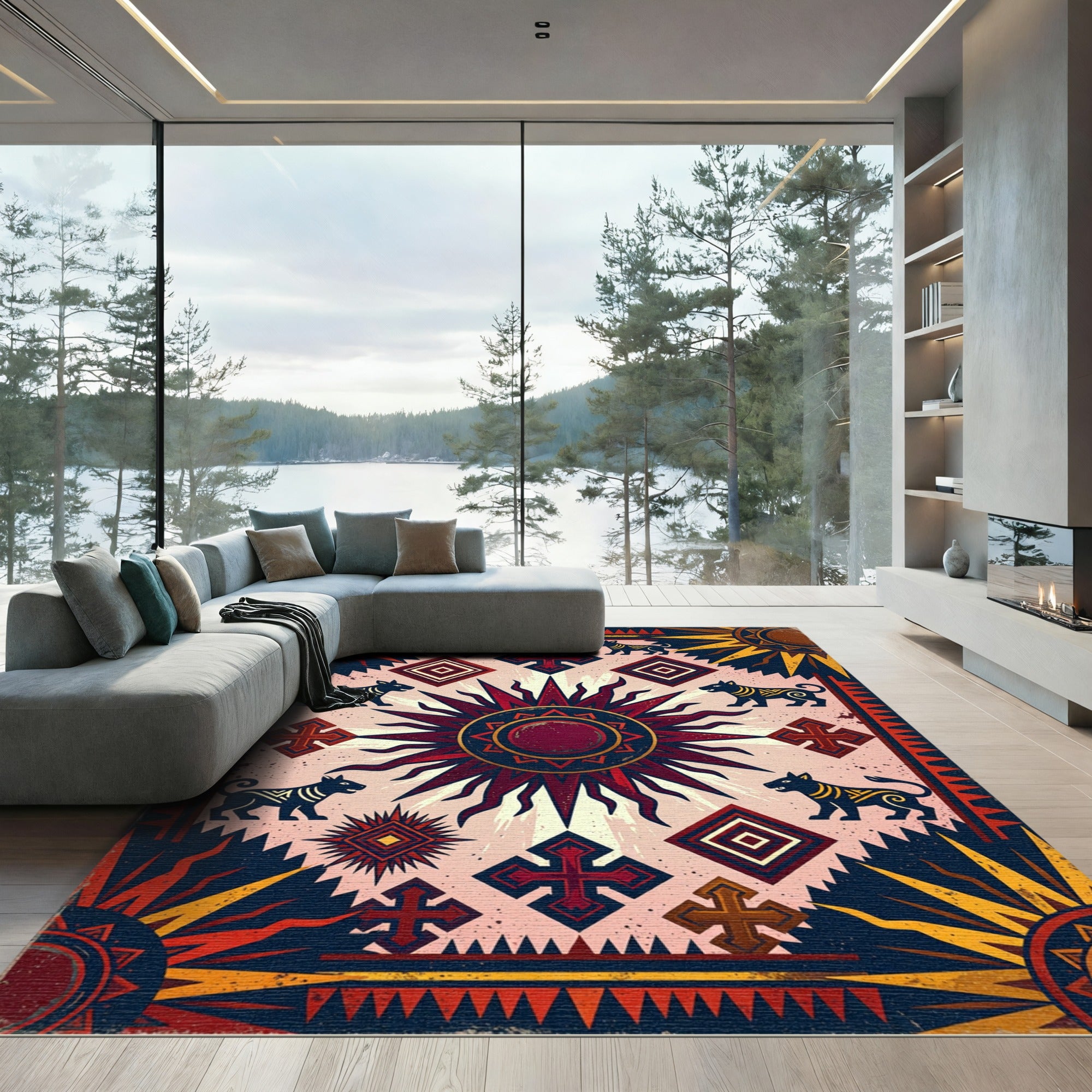 Crimson Sun Dogs Geometric Cross Rug