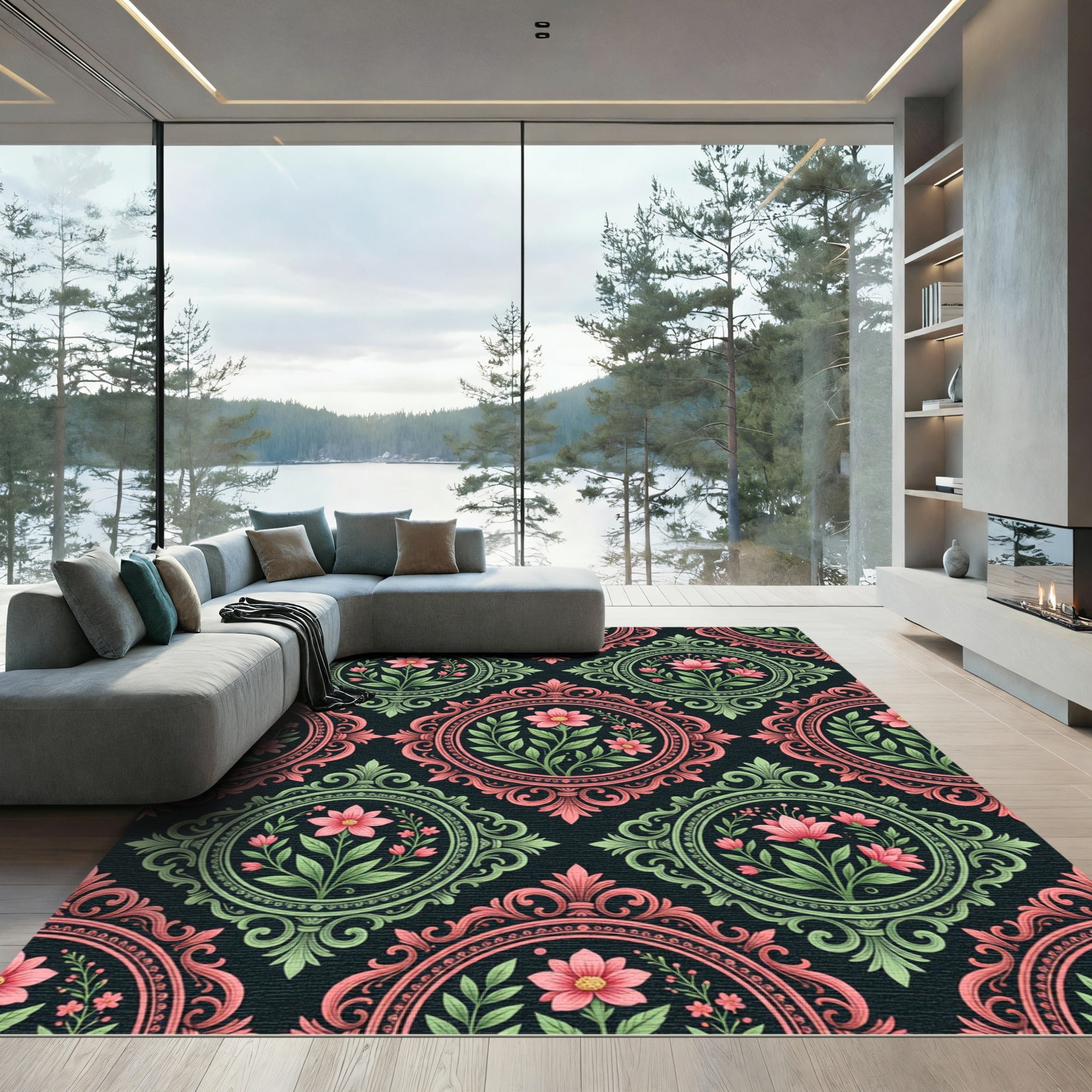 Elegant Pink Floral Medallion Damask Rug