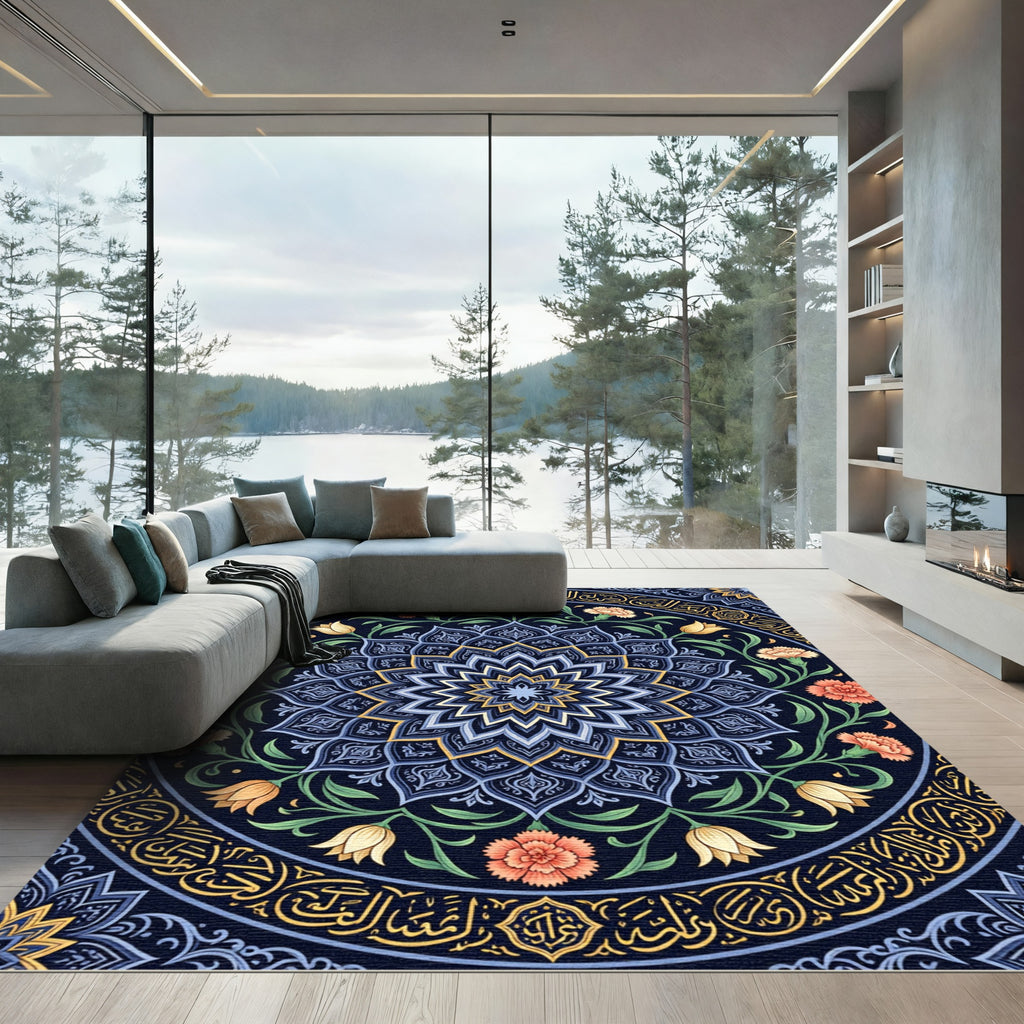 Ornate Blue Floral Mandala Inlay Rug