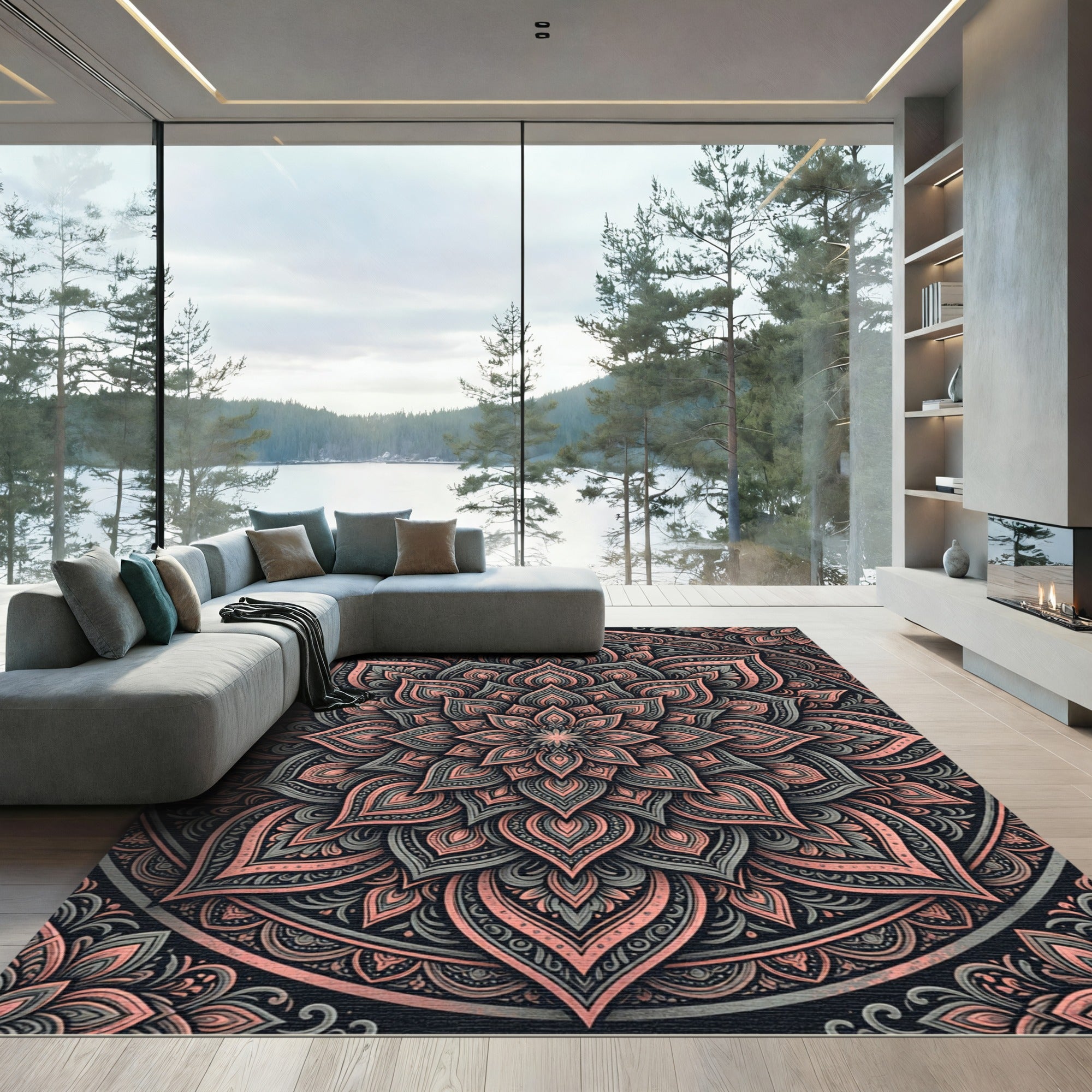 Ornate Coral and Gray Mandala Rug