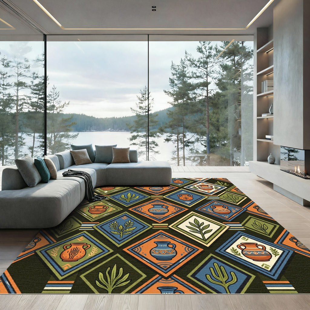 Earthy Terracotta Pottery Geometric Diamond Tile Rug