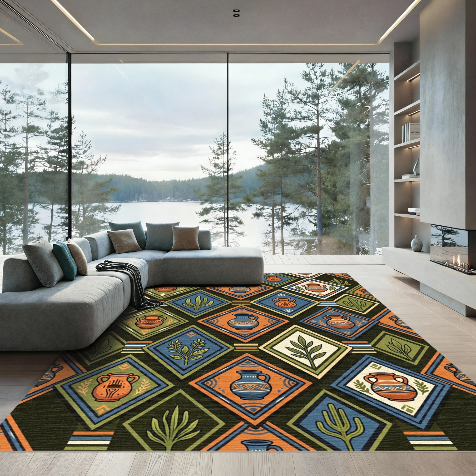 Earthy Terracotta Pottery Geometric Diamond Tile Rug