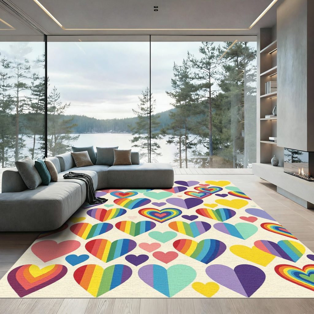 Vibrant Rainbow Heart Collage Art Rug