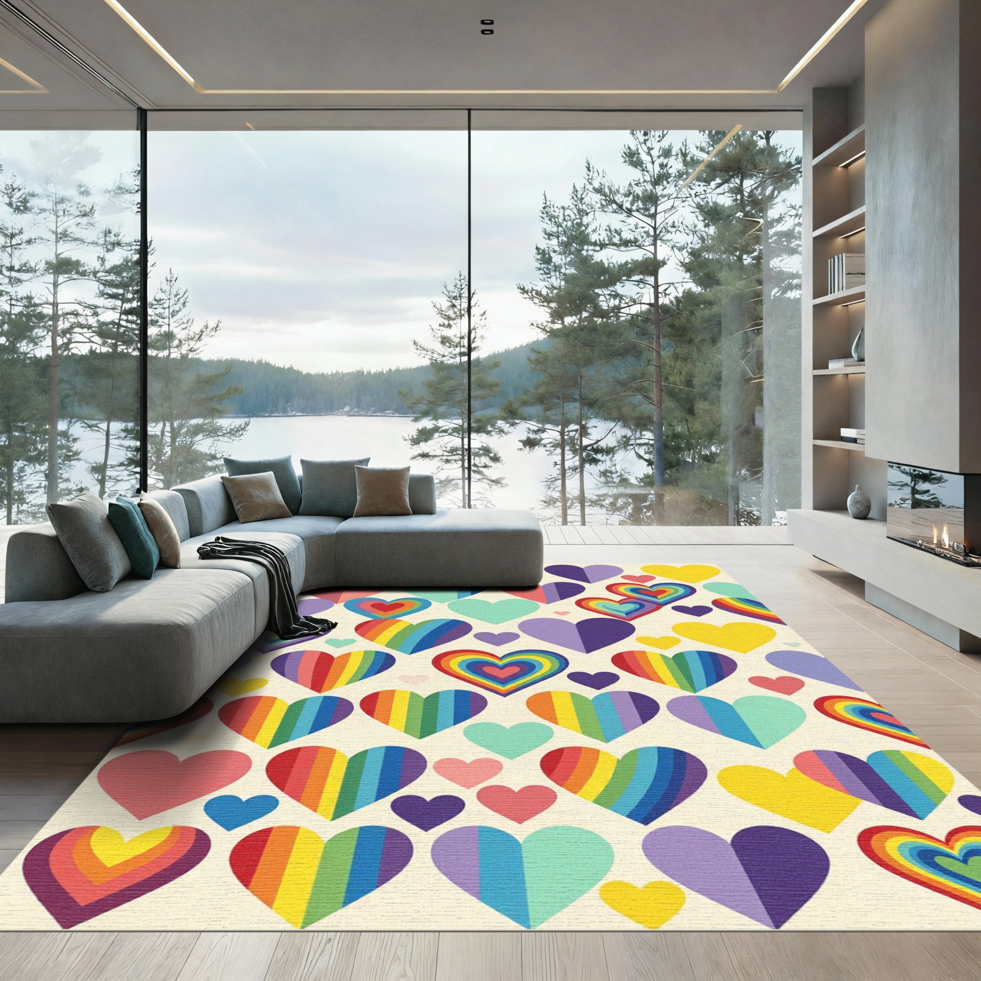 Vibrant Rainbow Heart Collage Art Rug