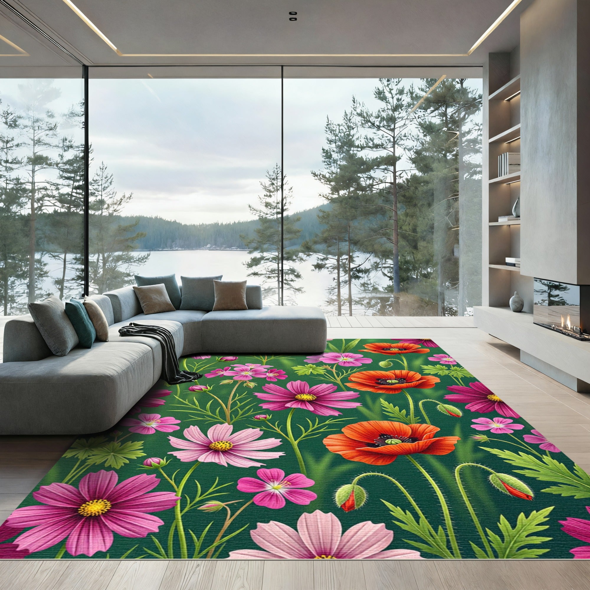 Vibrant Poppy and Cosmos Meadow Rug